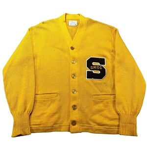 Vintage Sand-Knit Sweater Mens Size 42 Yellow Wool Letterman Cardigan SMSC Patch
